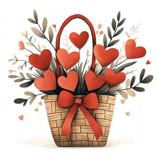 Charming heart basket with ribbon and greenery, Jon Klassen style on white background