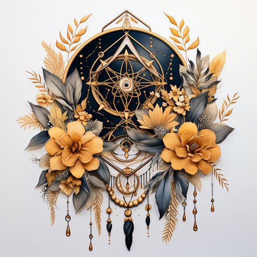 Dream catcher with golden flowers and white triangle