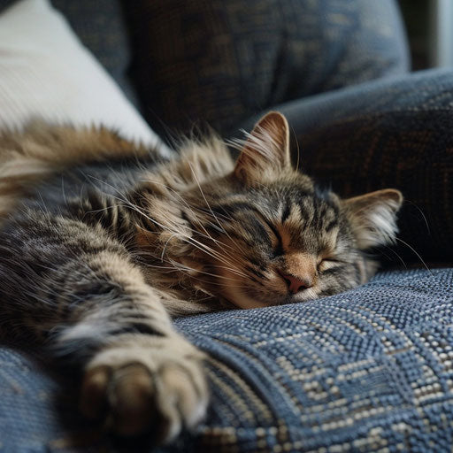 Chubby cat napping on a sofa