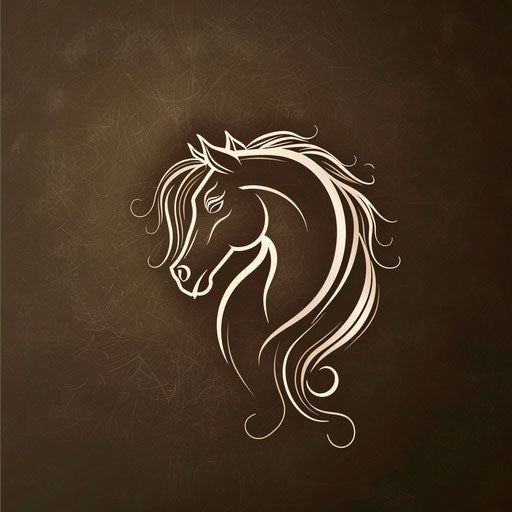 Elegant horse logo with cursive fonts on dark brown background