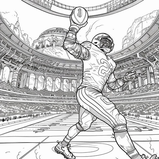 Football player in a whimsical stadium Teagan White style coloring book page