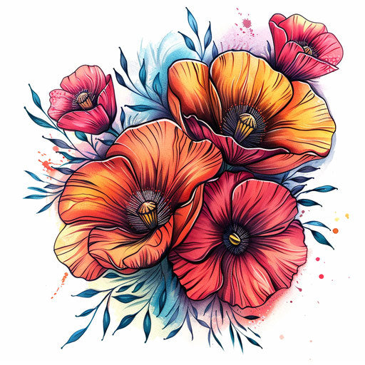 Vibrant poppy flowers in a tattoo design