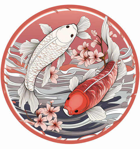 Two koi fish vector, tondo style, light maroon and gray tones