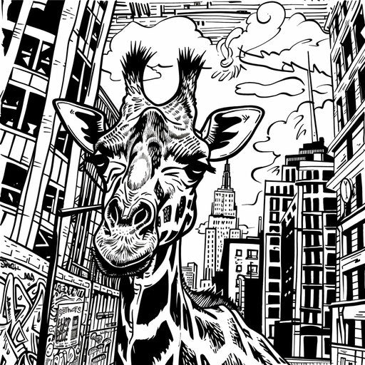 Urban giraffe with street art graffiti - Coloring book page