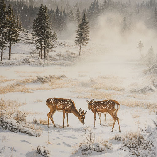 Wildlife scene with deer grazing in a snowy meadow
