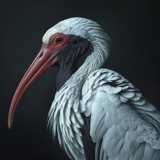 Detailed and dramatic portrait of an ibis in a studio