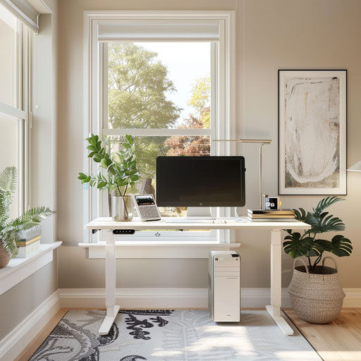 Bright home office with standing desk and large monitor