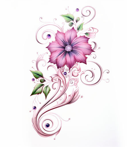 Floral tattoo with swirl pattern, light magenta and light green colors