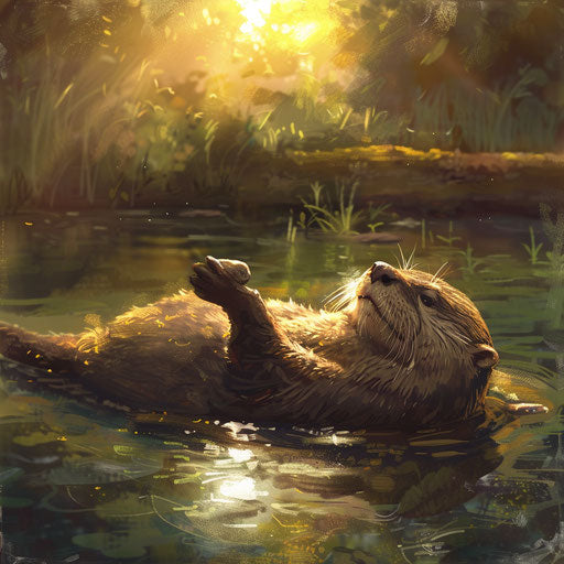 Otter floating lazily, holding a stone in the sunlit river