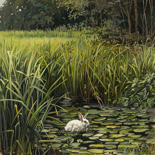 Lush wetland with a variety of water plants, a white tail rabbit cautiously moving through the reeds