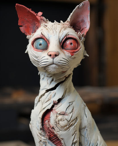 White cat with big blue eyes on wooden counter