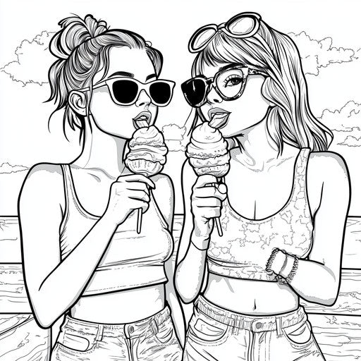 Two best friends enjoying ice cream together, in the style of Jen Bartel, Coloring book page