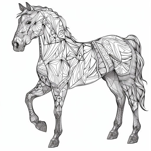 Stylized horse with geometric shapes and patterns. Coloring book page
