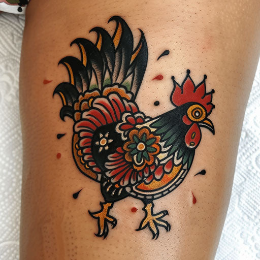 Rooster tattoo inspired by Mexican folk art