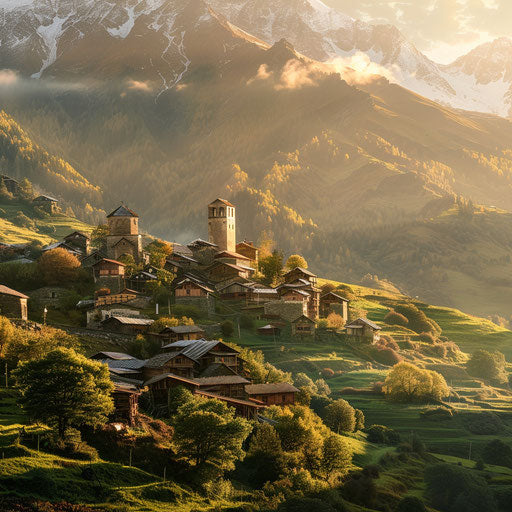 Svaneti during golden hour, soft light on the villages