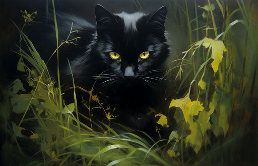Black cat in grass with yellow eyes, dark and lively style