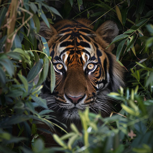 A Sumatran tiger seen through the dense foliage