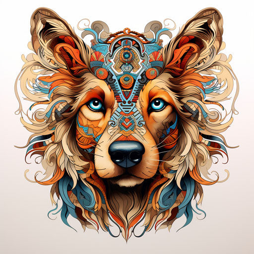 Embroidered portrait of a dog with colorful patterns on head