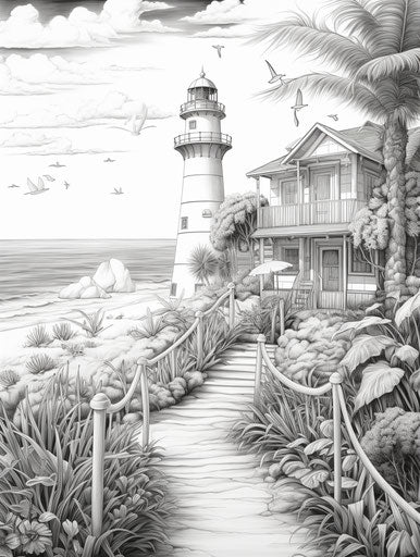 Black and white seascape with tower, exotic style, captivating