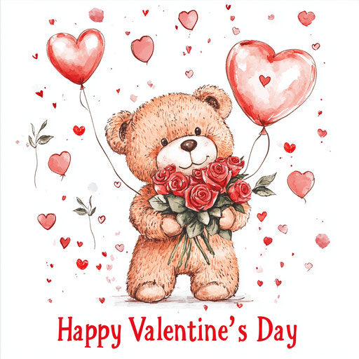 Teddy bear with roses, heart balloons - Valentine's Day