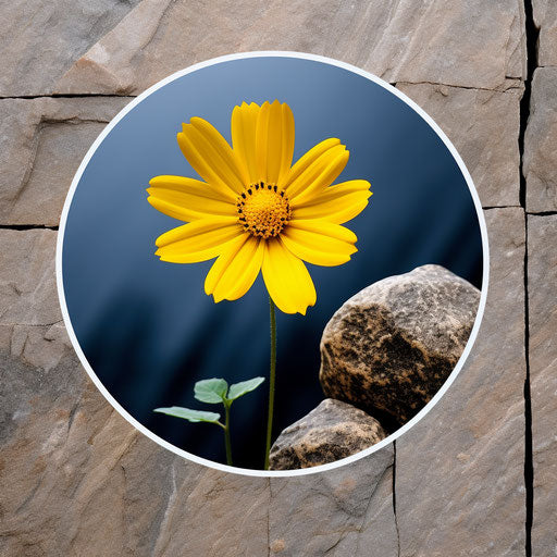 Yellow flower sticker on rock, c-mount style