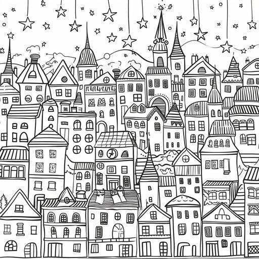Whimsical cityscape with stars in the sky at night
