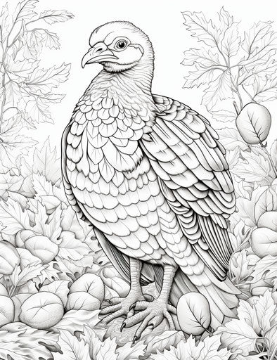 Thanksgiving turkey coloring pages, stipple style, frontal view