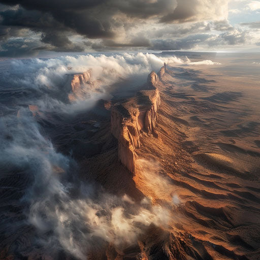 Aerial view of Monument Valley with dramatic clouds