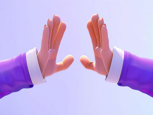 Two hands high-fiving in 3D with purple and white sleeves