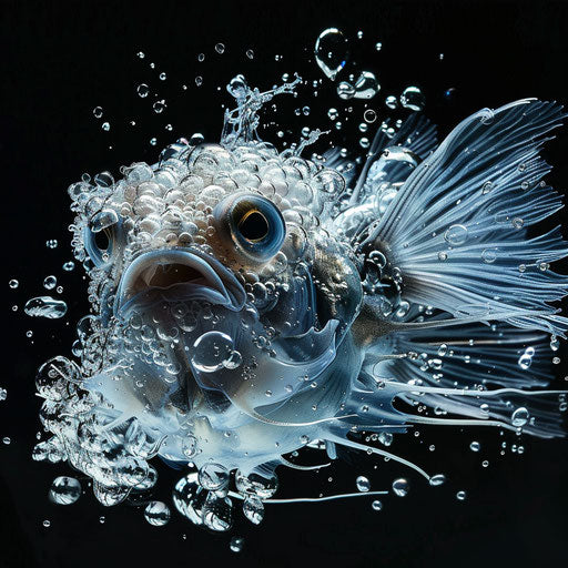Pufferfish in dynamic motion with bubbles, in the style of Marsel van Oosten