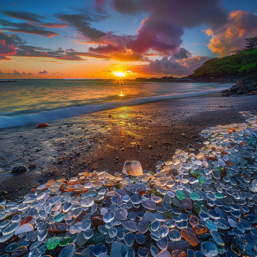 Glass beach at sunset with vibrant colors