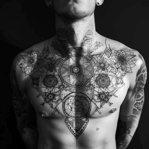 Intricate geometric chest tattoo for men