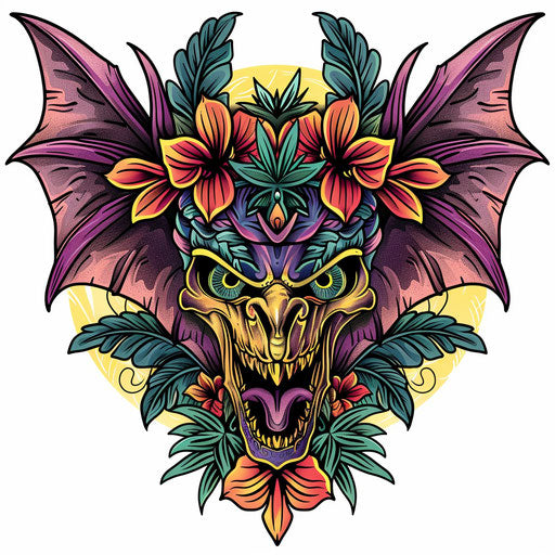 Exotic flat tattoo sketch of gargoyle with tropical floral patterns