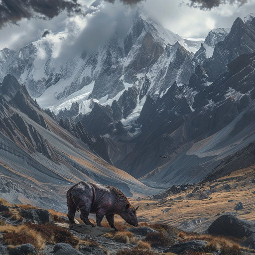 Tapir in front of a backdrop of rugged and majestic mountains