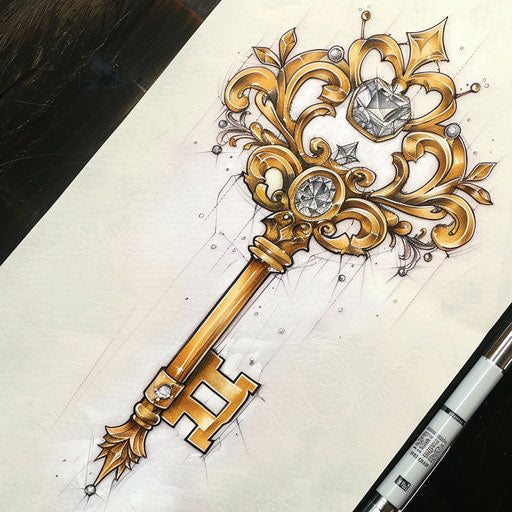 Luxurious sketch of a golden key with diamonds