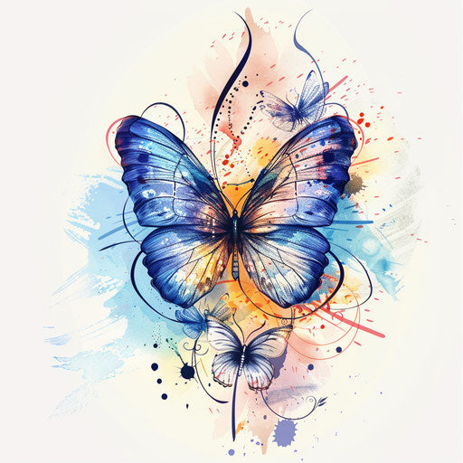 Flat tattoo sketch of a blue butterfly with watercolor splashes