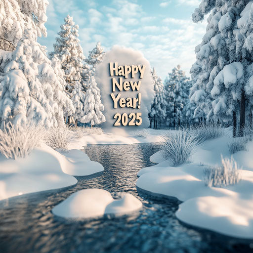 3D Snowy Landscape with text 'Happy New Year!' and '2025'