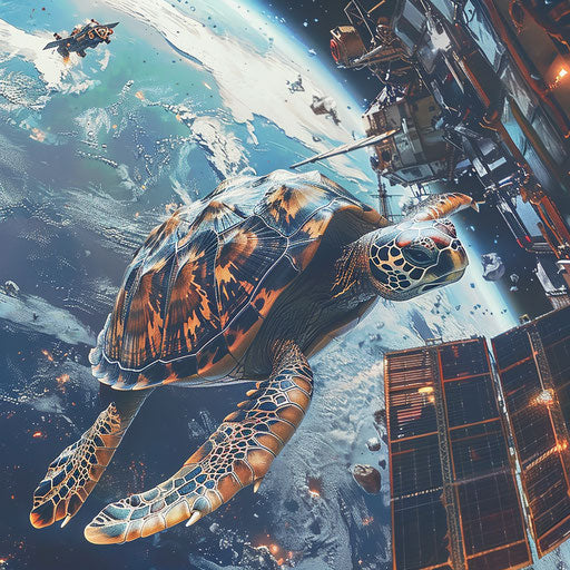 Turtle astronaut floating next to a space station