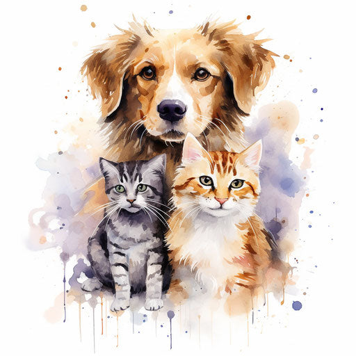 Dog and cat clipart in the style of Impressionistic Art, on a white background