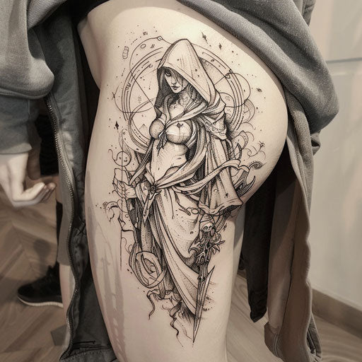 Epic fantasy sister tattoos with wizards and mystical symbols