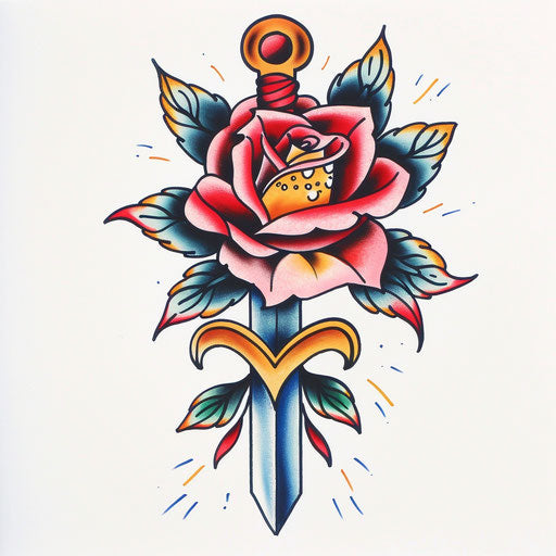 Traditional sailor tattoo of a rose and dagger in bold colors