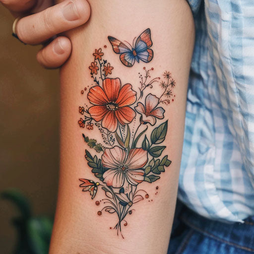Botanical-themed mom tattoo with flowers and butterflies