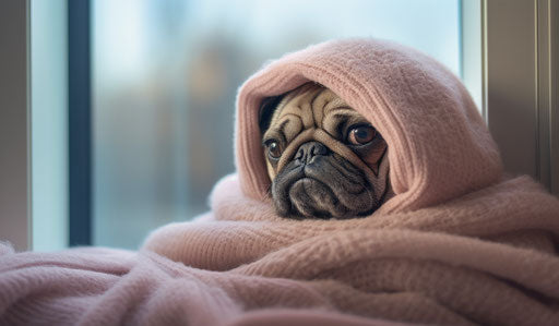 Pug dog with a blanket in bed, looking out of the window