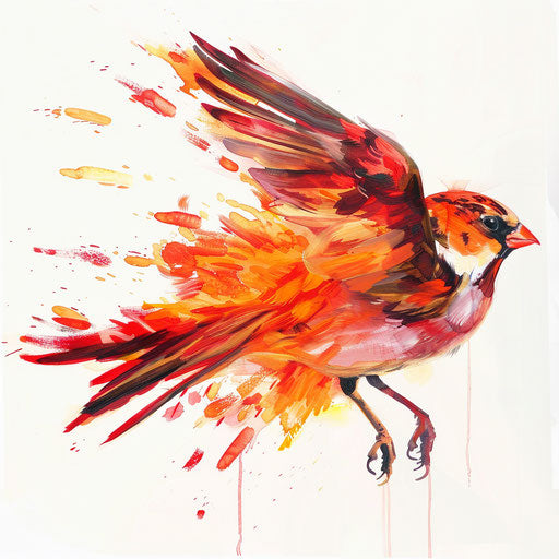 Sparrow with a fiery aura, in bright red and orange, on white