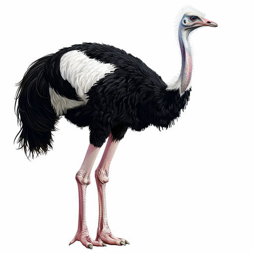 Realistic ostrich clipart on white background, dynamic lighting