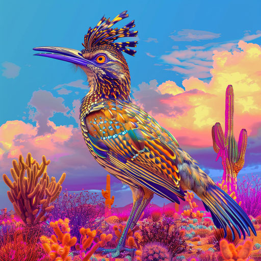 Runner bird in a colorful desert with intense colors