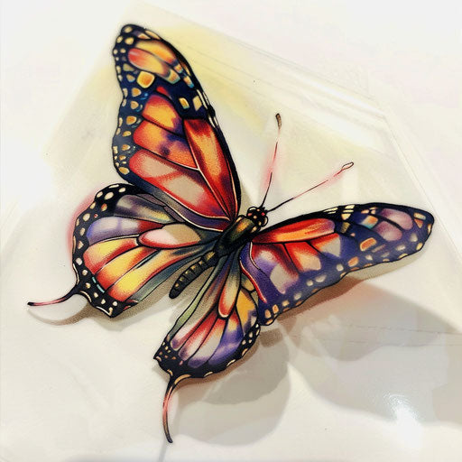 Bold 3D butterfly tattoo with thick black outlines and bright internal colors, on a white canvas.