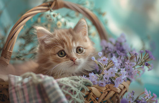Small kitten in basket with flower, captivating style