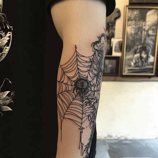 Spider web elbow tattoo with surreal patterns