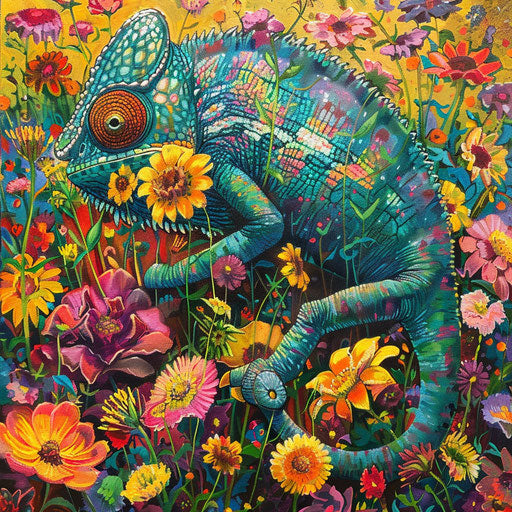 Chameleon in a field of wildflowers, adapting to the colors